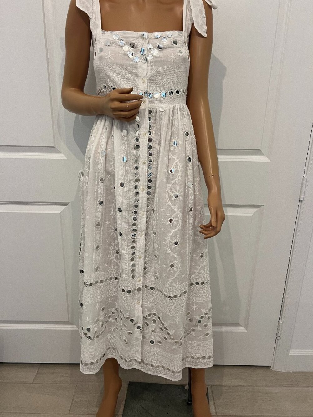 Juliet Dunn London White Mirror Embroidered Tie Strap Midi Dress sz 1 4/6